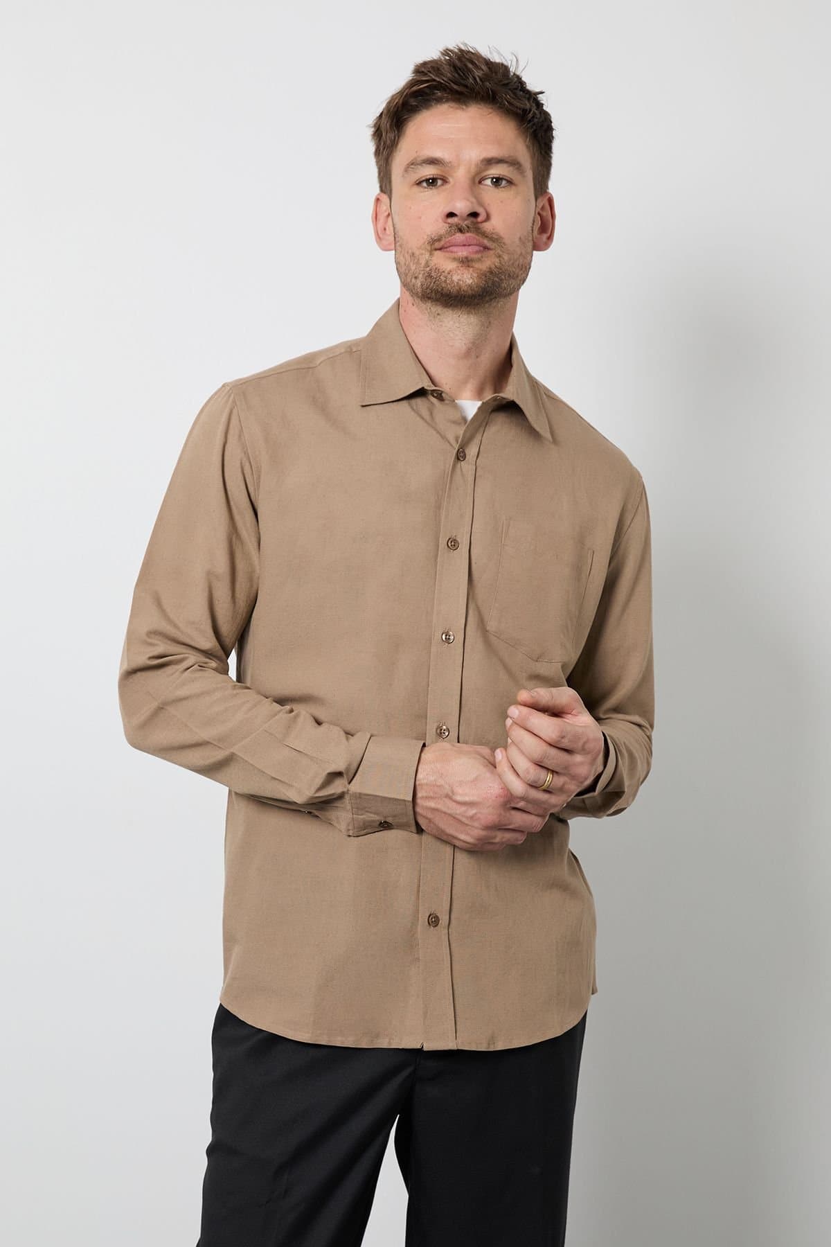 Burton Burton Men's Taupe Long Sleeve Linen Shirt
