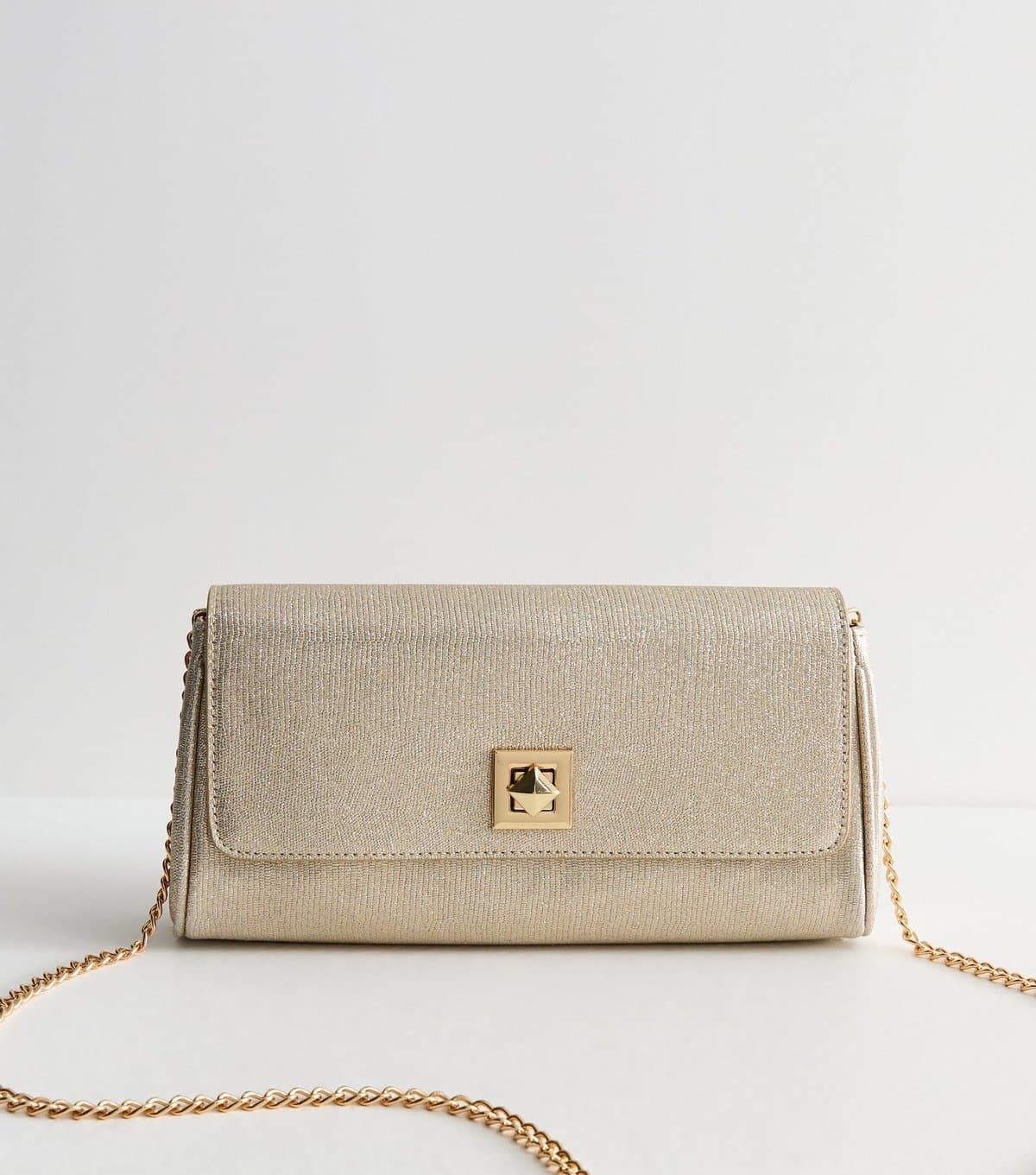 New Look Gold Twist Lock Textured Faux Leather Clutch New Look