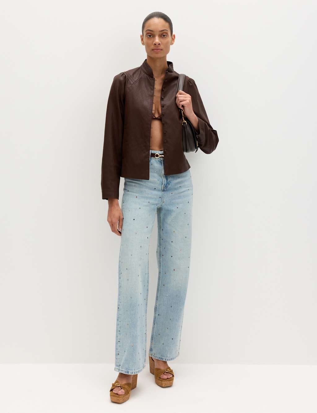 Marks & Spencer M&S Relaxed High Waisted Gem Embellished Straight Leg Jeans Light Indigo