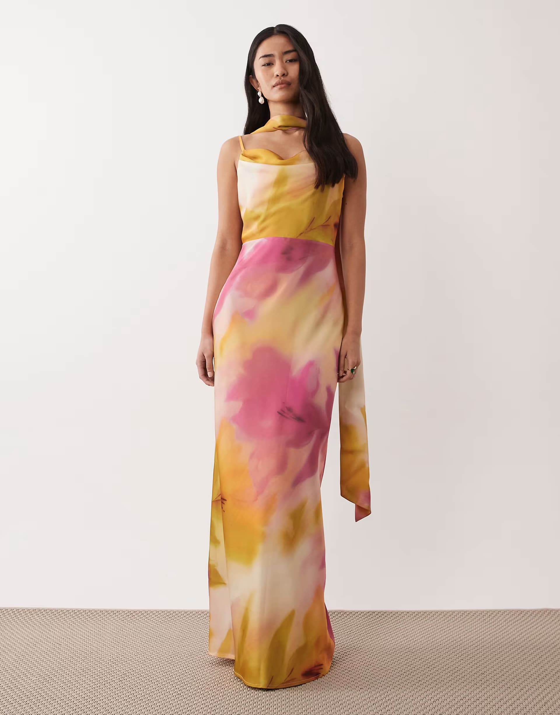 ASOS Pretty Lavish Keisha scarf cowl neck satin cami maxi dress in pink watercolour floral