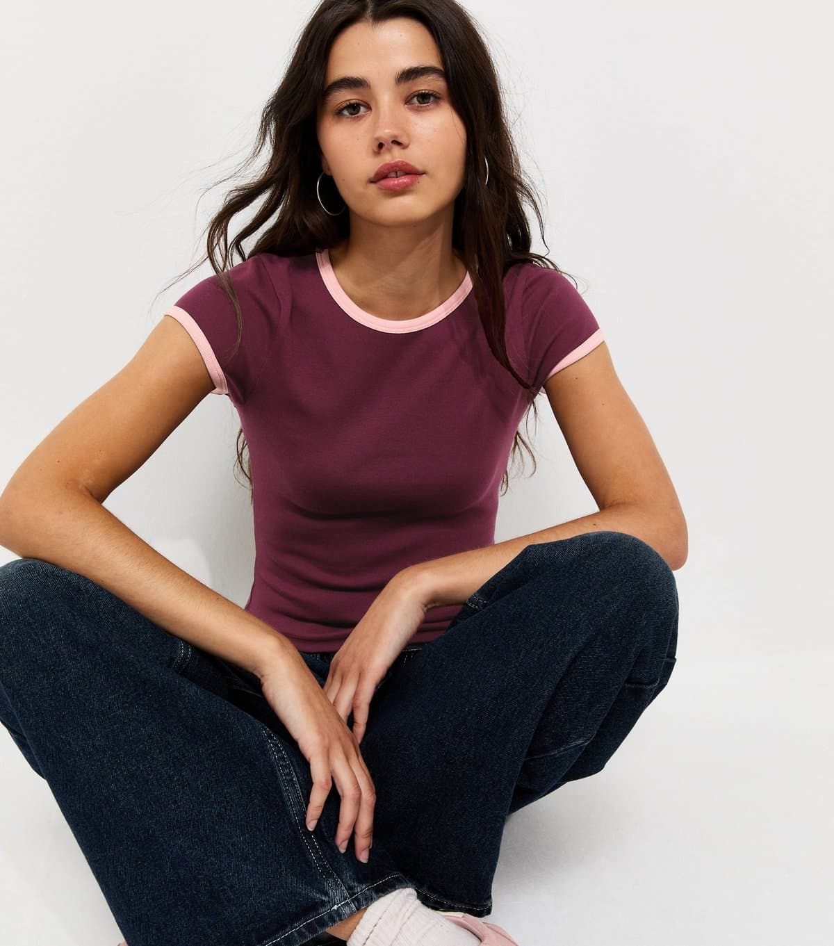 New Look Women's Dark Burgundy Cotton Rich Contrast Trim Ringer T-Shirt New Look