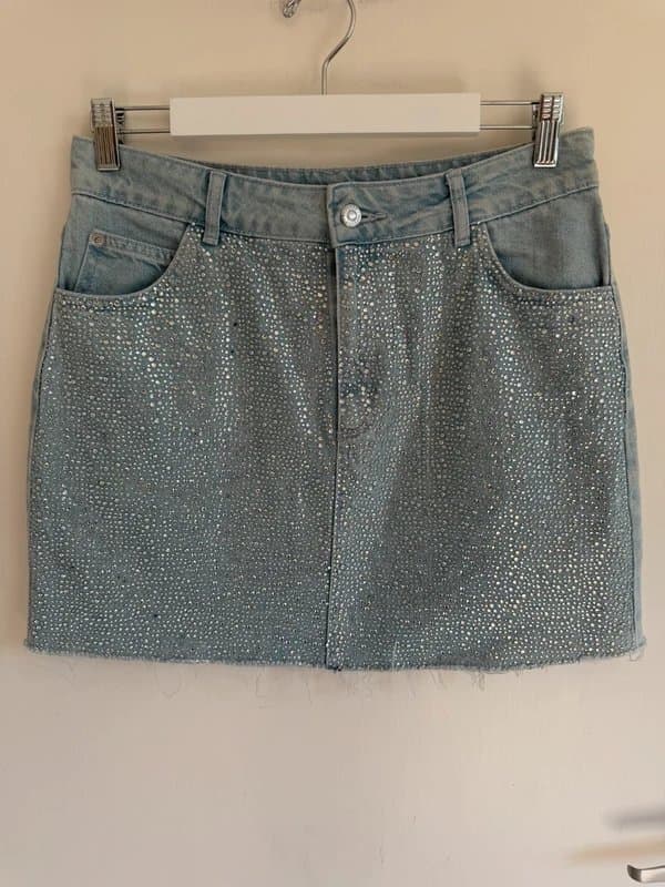 Topshop Topshop Moto Embellished Rhinestone Denim Mini Skirt - UK 12
