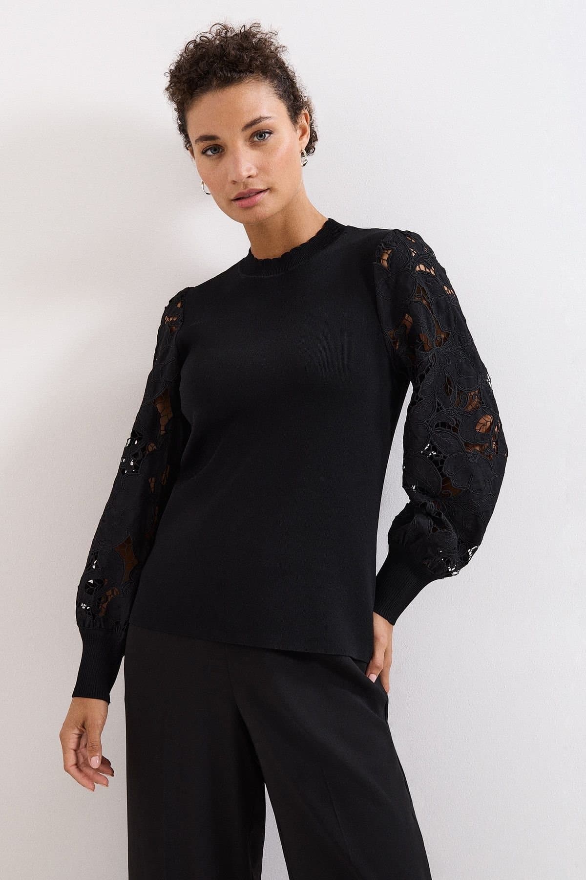 Phase Eight Phase Eight Women's Harriet Lace Sleeve Round Neck Jumper in Black