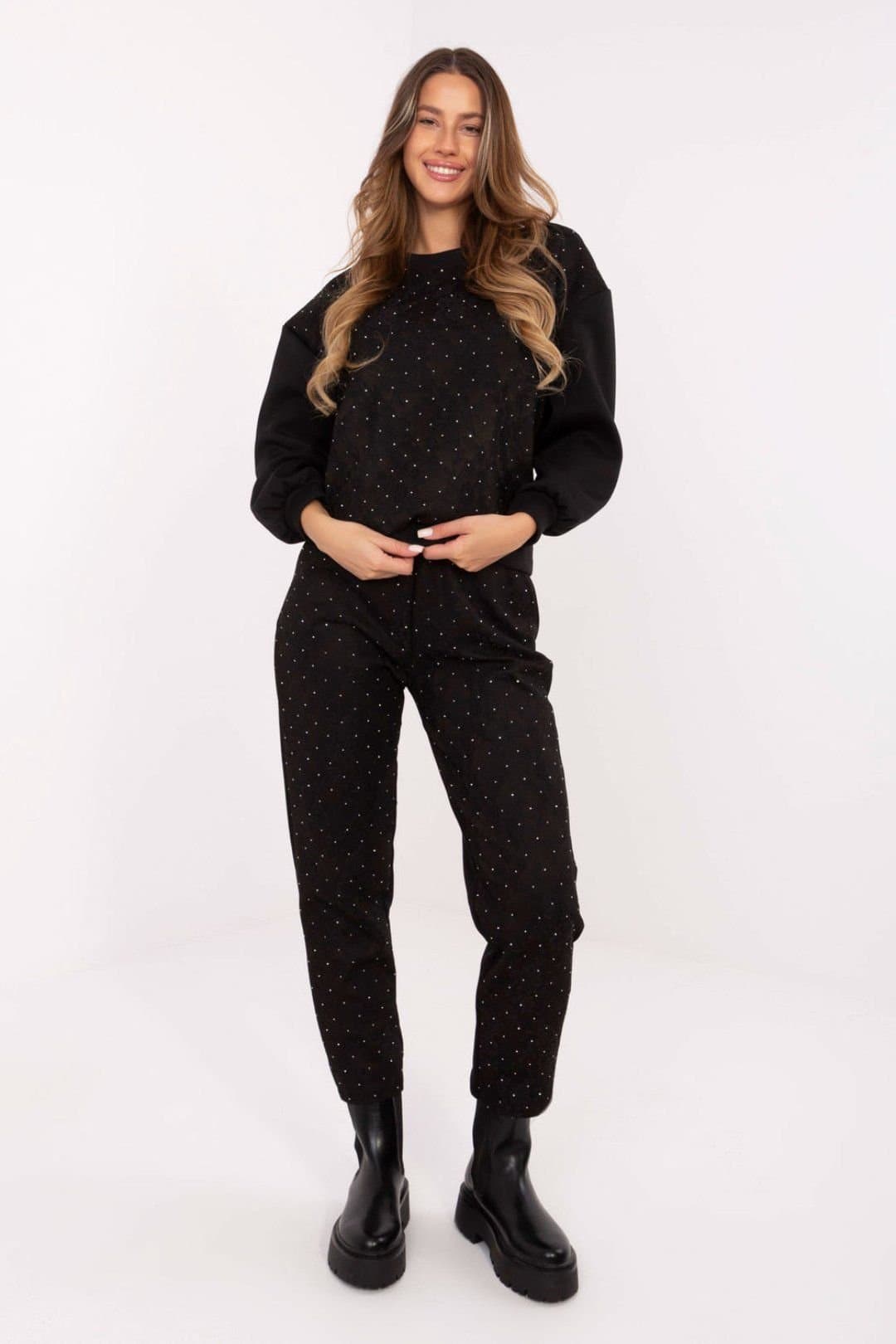Love Lace Love Lace Women's Lace Rhinestone Hoodie & Tapered Pants Set in Black
