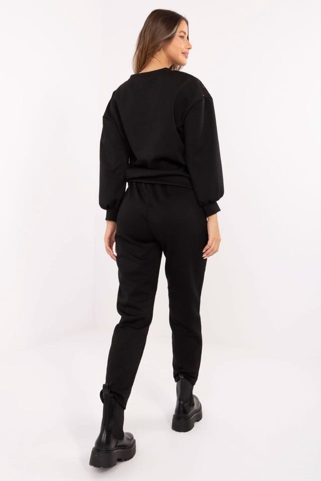 Love Lace Love Lace Women's Lace Rhinestone Hoodie & Tapered Pants Set in Black - 3