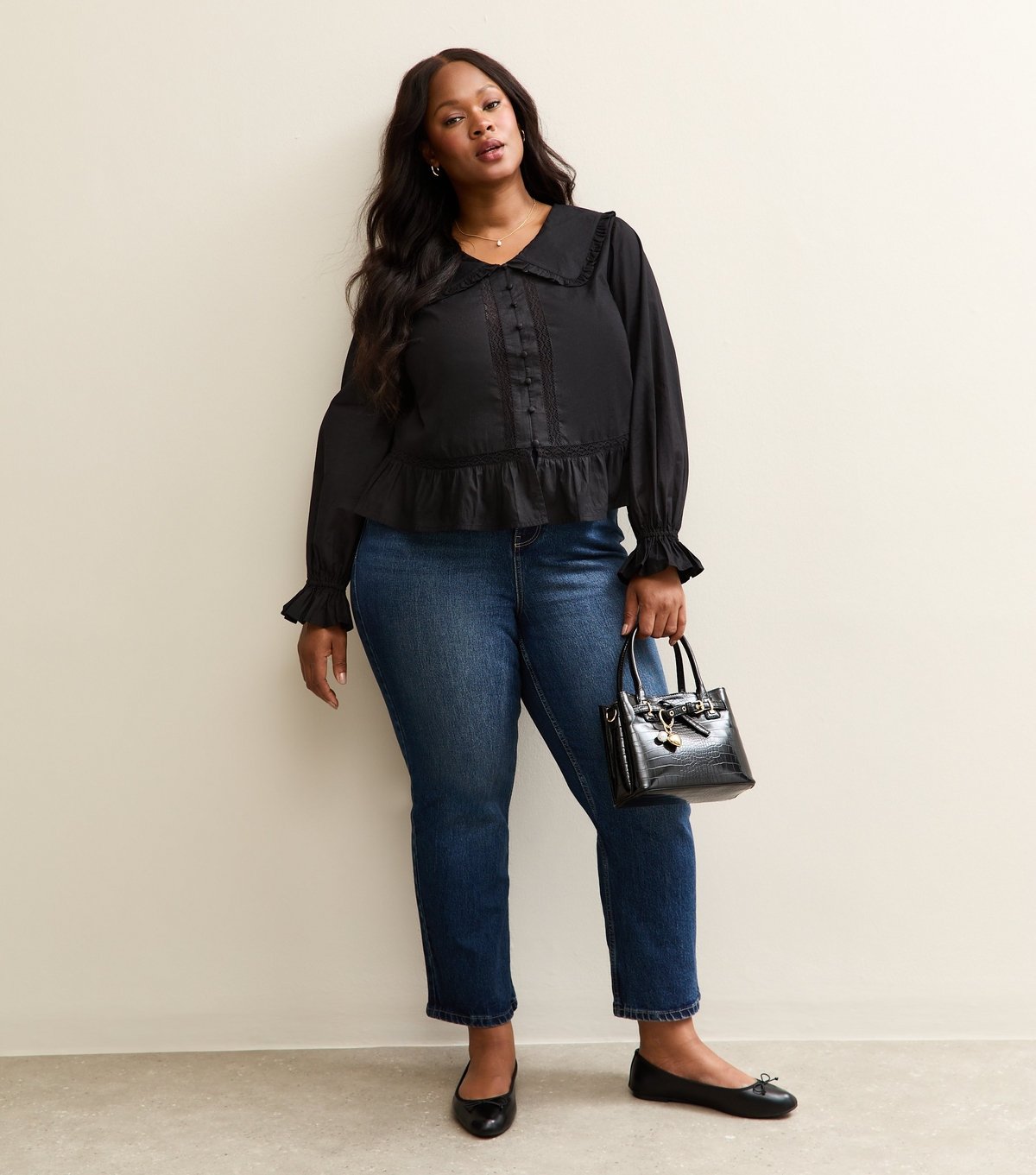 New Look Women's Plus Size Black Lace Insert Frilly Trimmed Shirt Curves New Look - 3