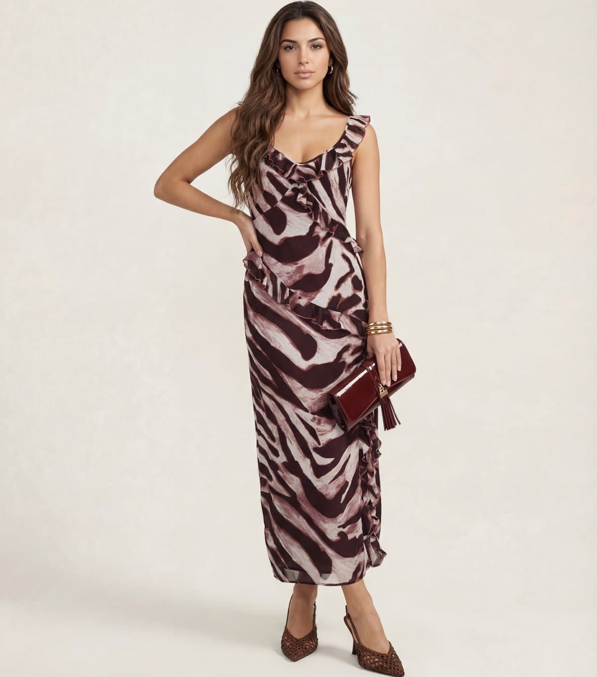 Urban Bliss Women's Burgundy Zebra Print Ruffled Maxi Dress Urban Bliss New Look