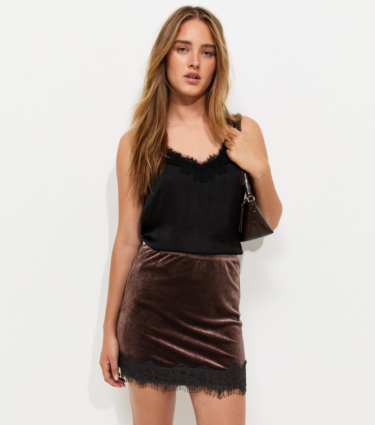 New Look Women's Dark Brown Jersey Velvet Lace Trim Mini Skirt New Look