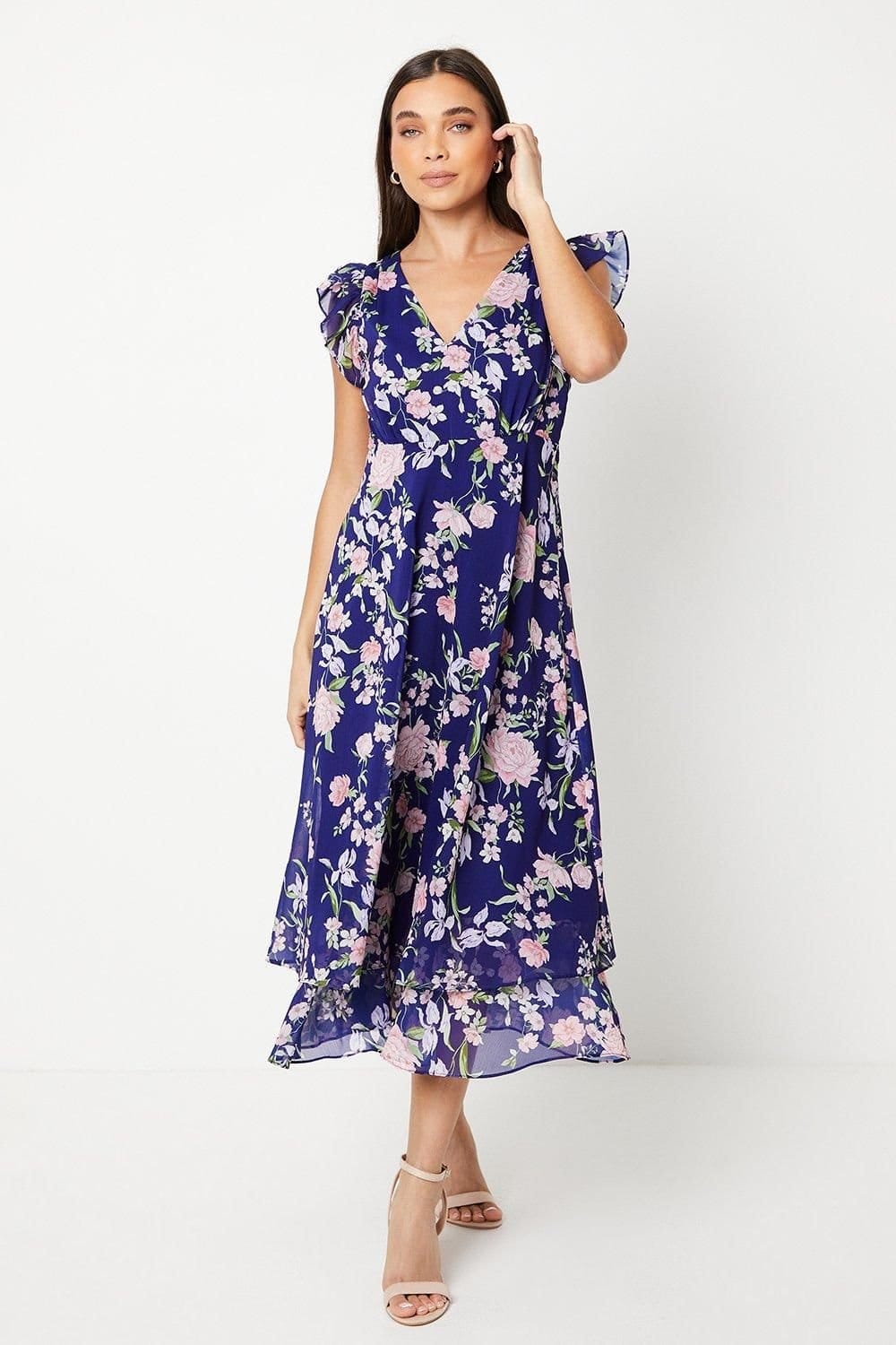 Oasis Navy Floral Midi Dress with Ruffle Sleeves