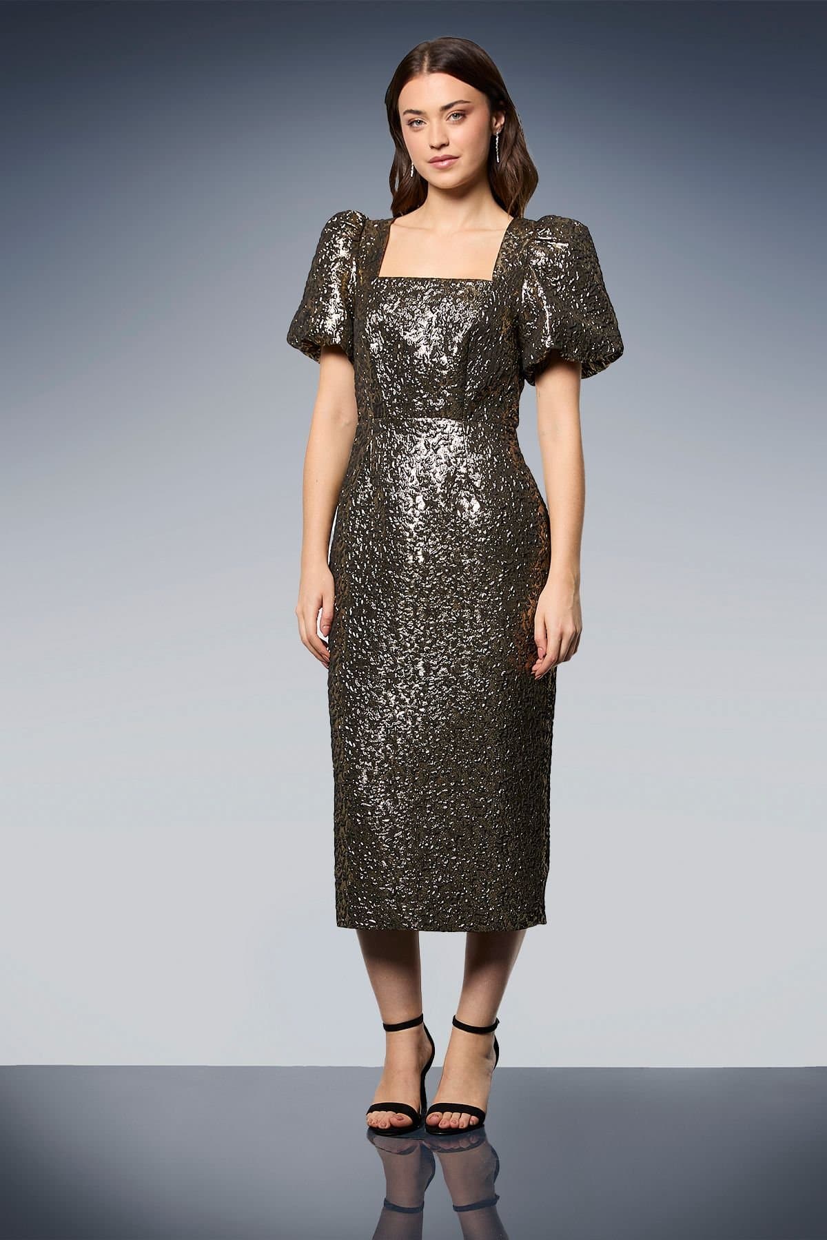 Dorothy Perkins Dorothy Perkins Women's DP Luxe Metallic Jacquard Puff Sleeve Midi Dress in Gold