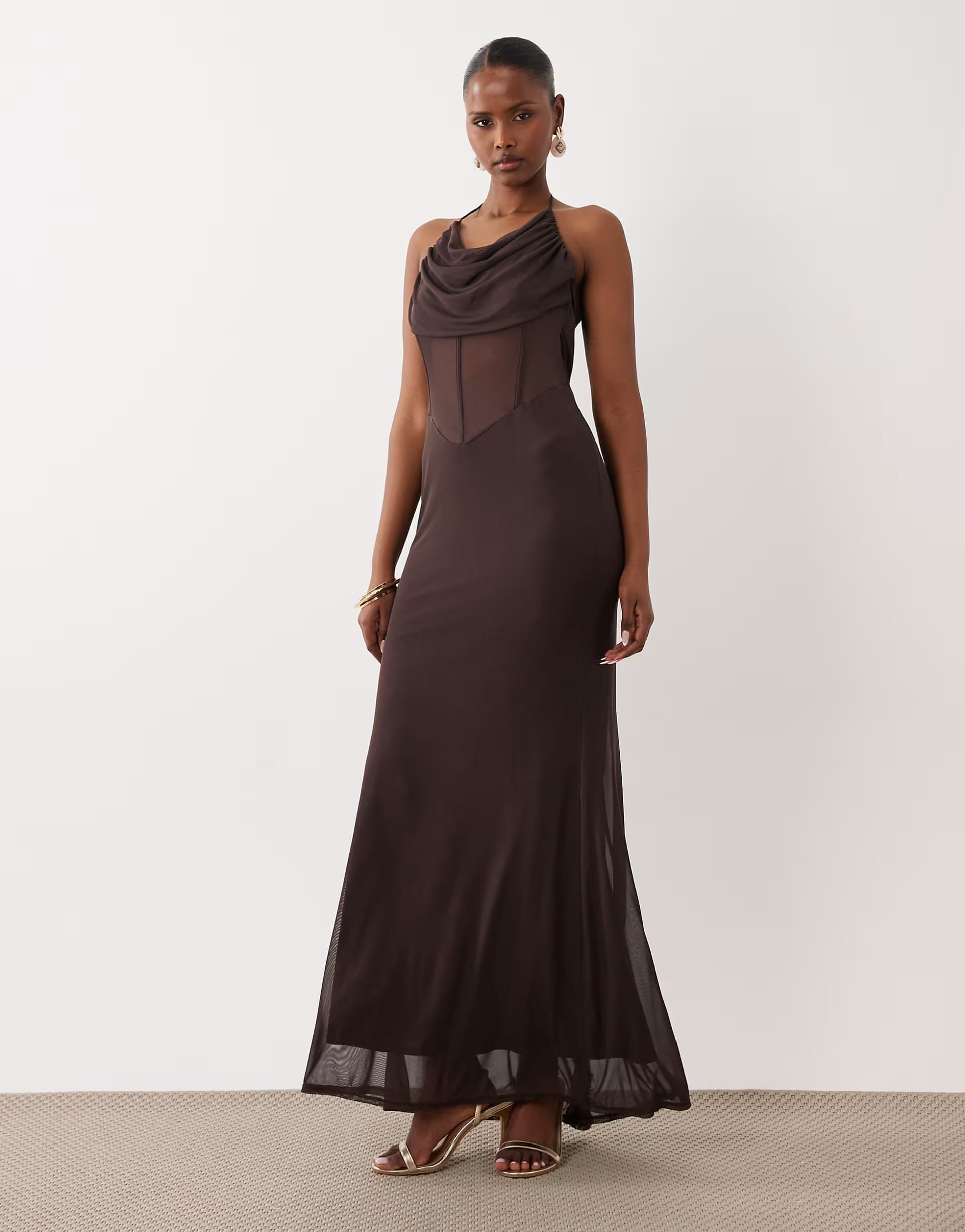 ASOS DESIGN Chocolate Brown Mesh Maxi Dress with Corset