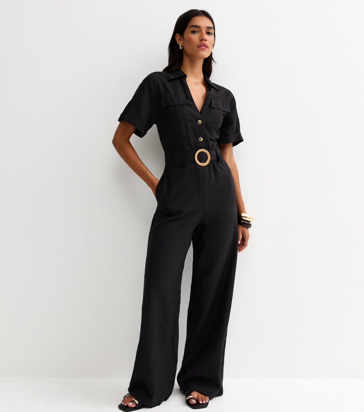 New Look Women's Black Short Sleeve Belted Jumpsuit New Look