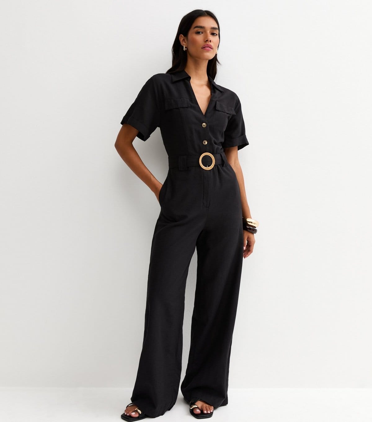 New Look Women's Black Short Sleeve Belted Jumpsuit New Look - 4