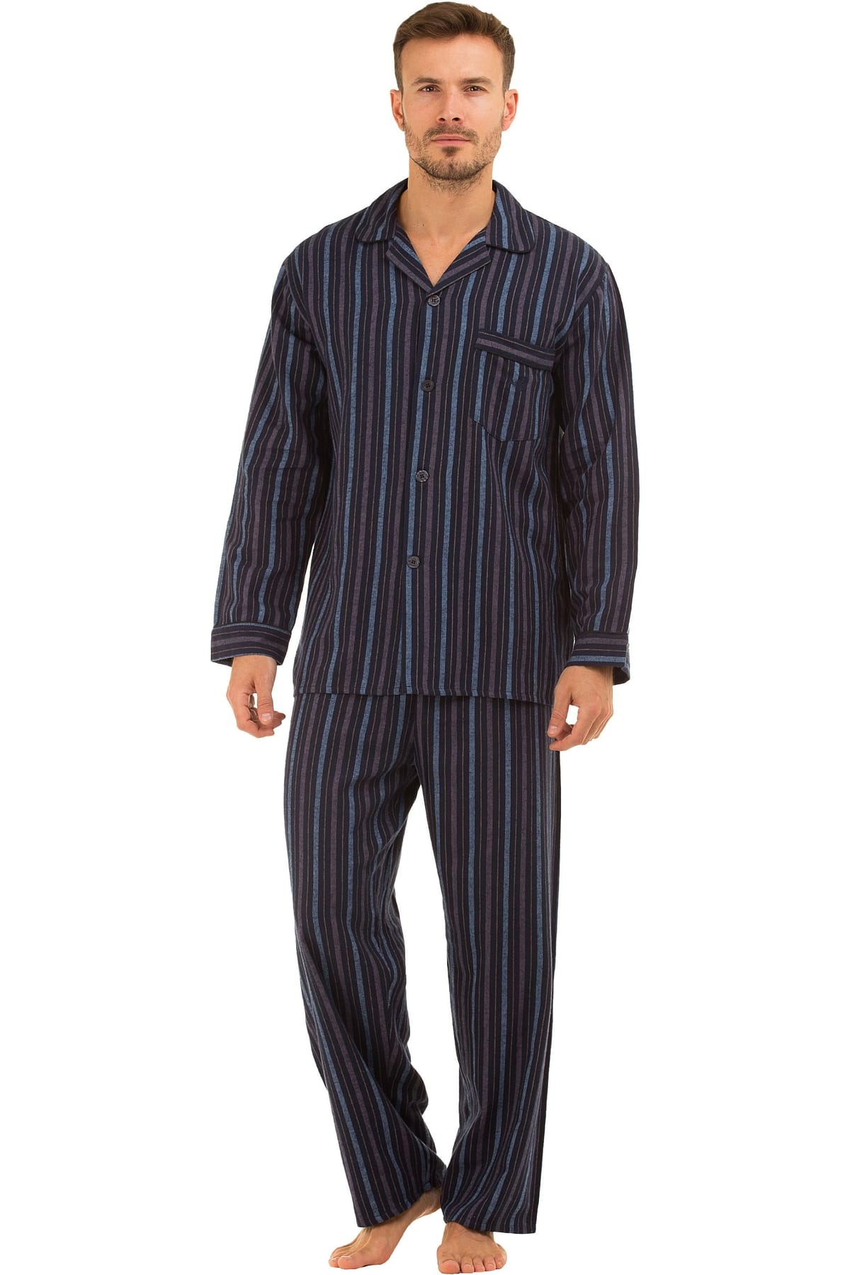 Haigman Haigman Men's Men's Yarn Dyed Brushed Cotton Button Through Pyjama Set in Mid Navy - 1