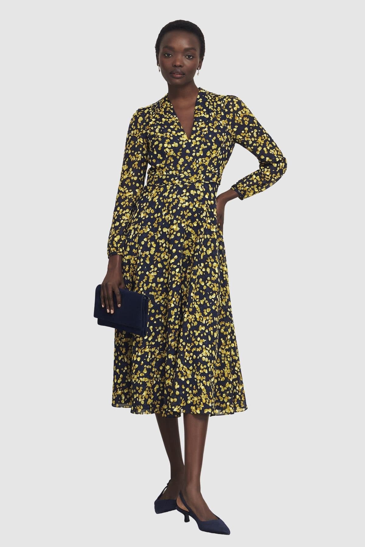 Hobbs London Hobbs London Women's Aurora Long Sleeve V-Neck Midi Dress in Dark Navy