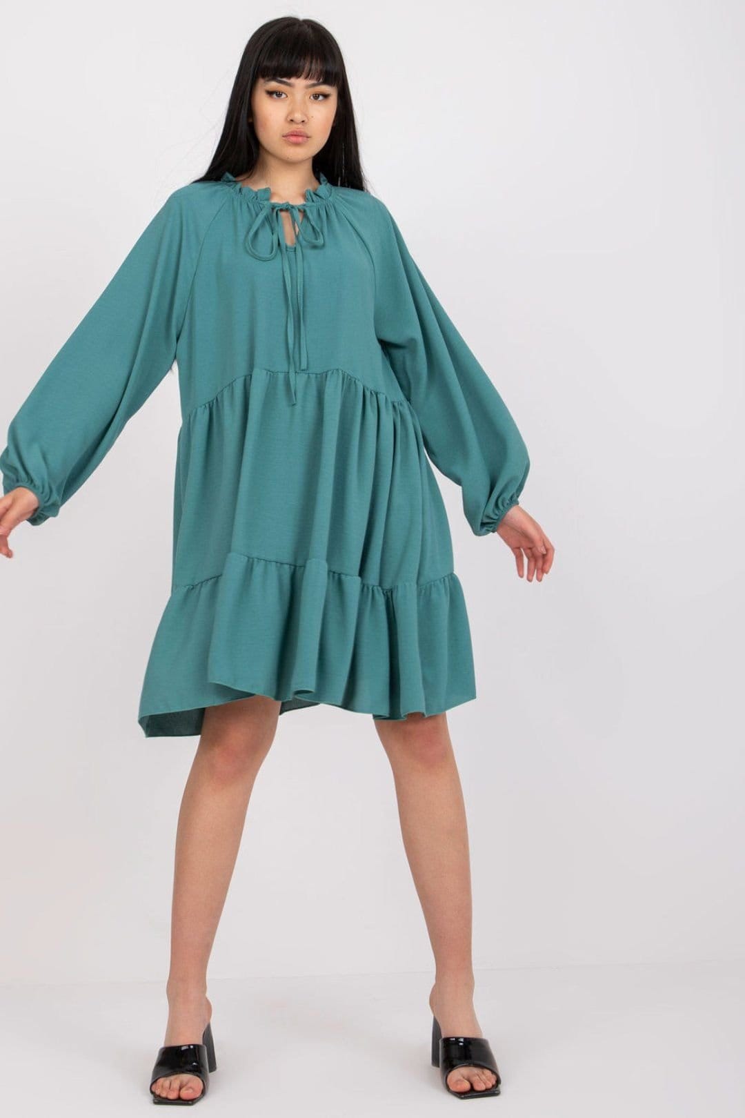 Love Lace Green Flared Long Sleeve Tie Neck Day Dress