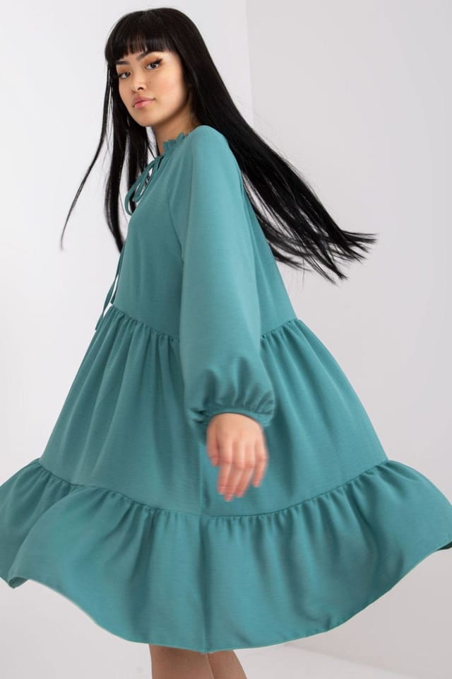 Love Lace Love Lace Women's Flared Long Sleeve Tie Neck Day Dress in Green - 2