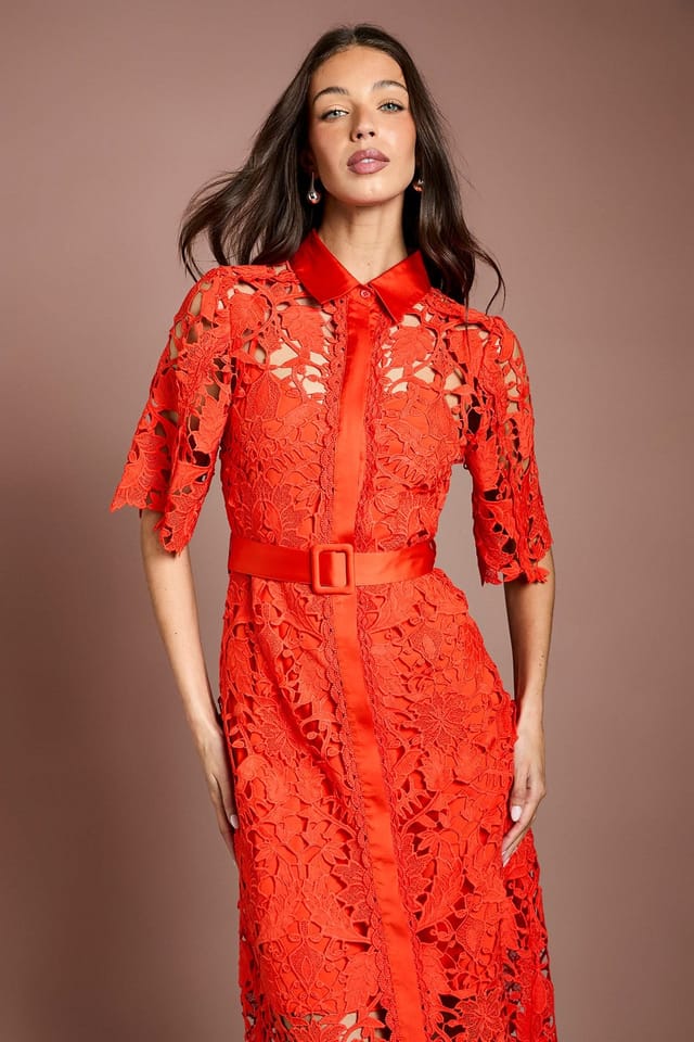 Coast Coast Women's Lace Shirt Dress With Short Sleeves in Flame Red - 2