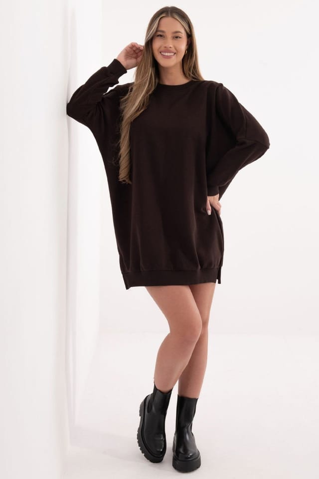 Love Lace Love Lace Women's Loose Cotton Elastane Sweatshirt Dress in Brown - 2