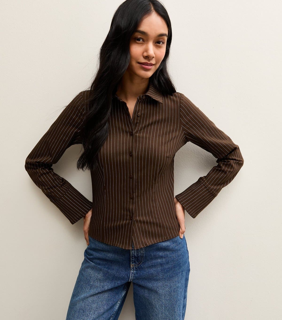 New Look Women's Brown Pinstriped Fitted Long Sleeve Shirt New Look