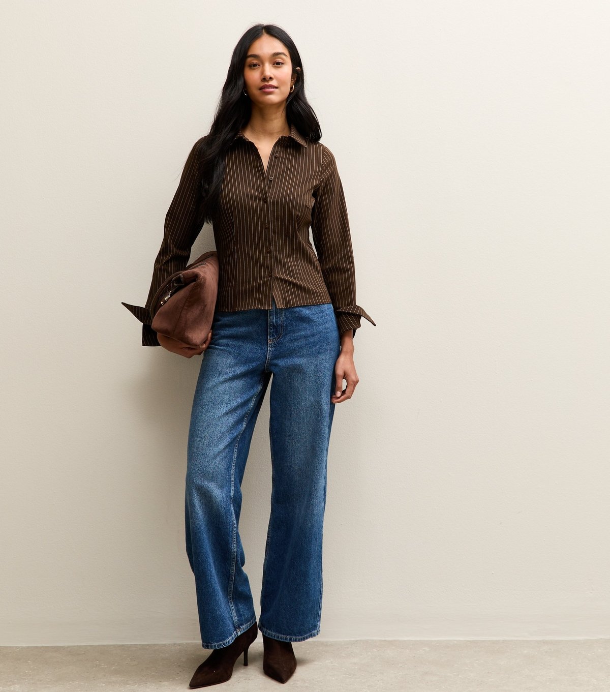 New Look Women's Brown Pinstriped Fitted Long Sleeve Shirt New Look - 3