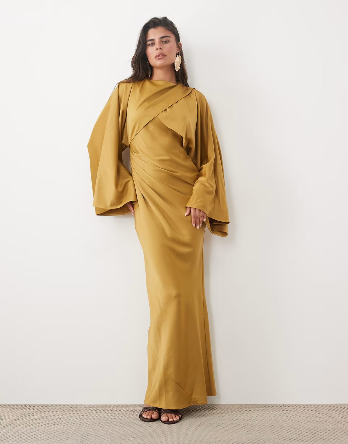 ASOS ASOS DESIGN draped long sleeve cross front high neck satin maxi dress in dried tobacco - 1