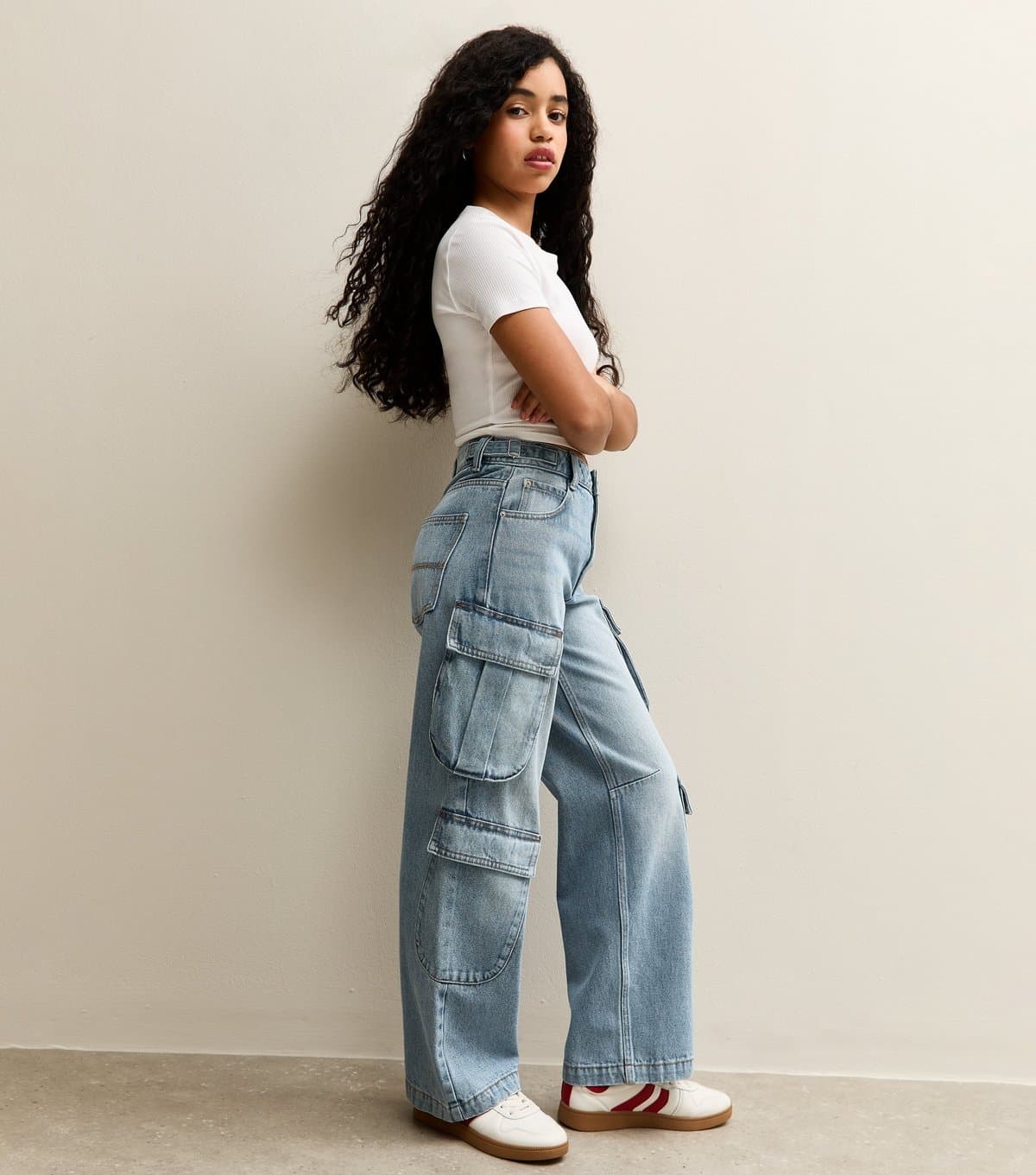 New Look Girls' Mid Blue Cargo Pocket Wide Leg Jeans New Look