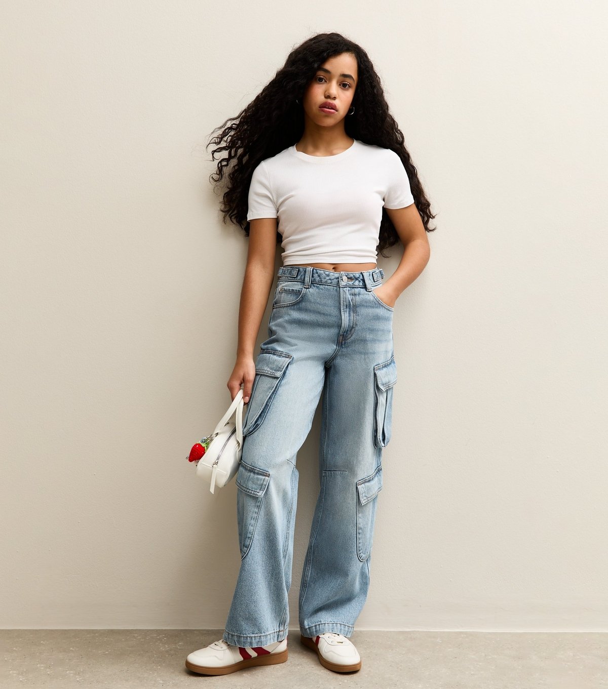 New Look Girls' Mid Blue Cargo Pocket Wide Leg Jeans New Look - 2