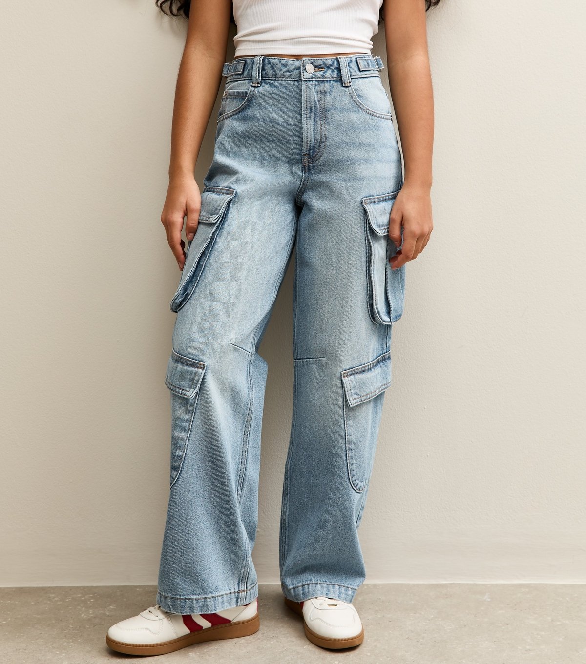 New Look Girls' Mid Blue Cargo Pocket Wide Leg Jeans New Look - 3