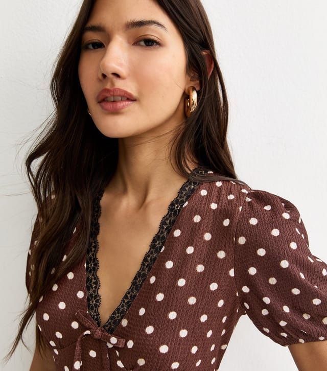 New Look Women's Brown Polka Dot Lace Trim Mini Dress New Look - 2