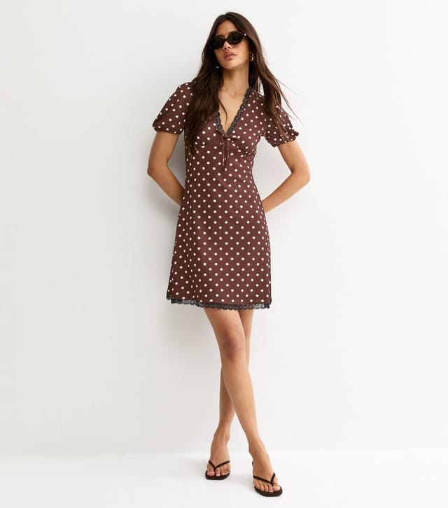 New Look Women's Brown Polka Dot Lace Trim Mini Dress New Look - 3