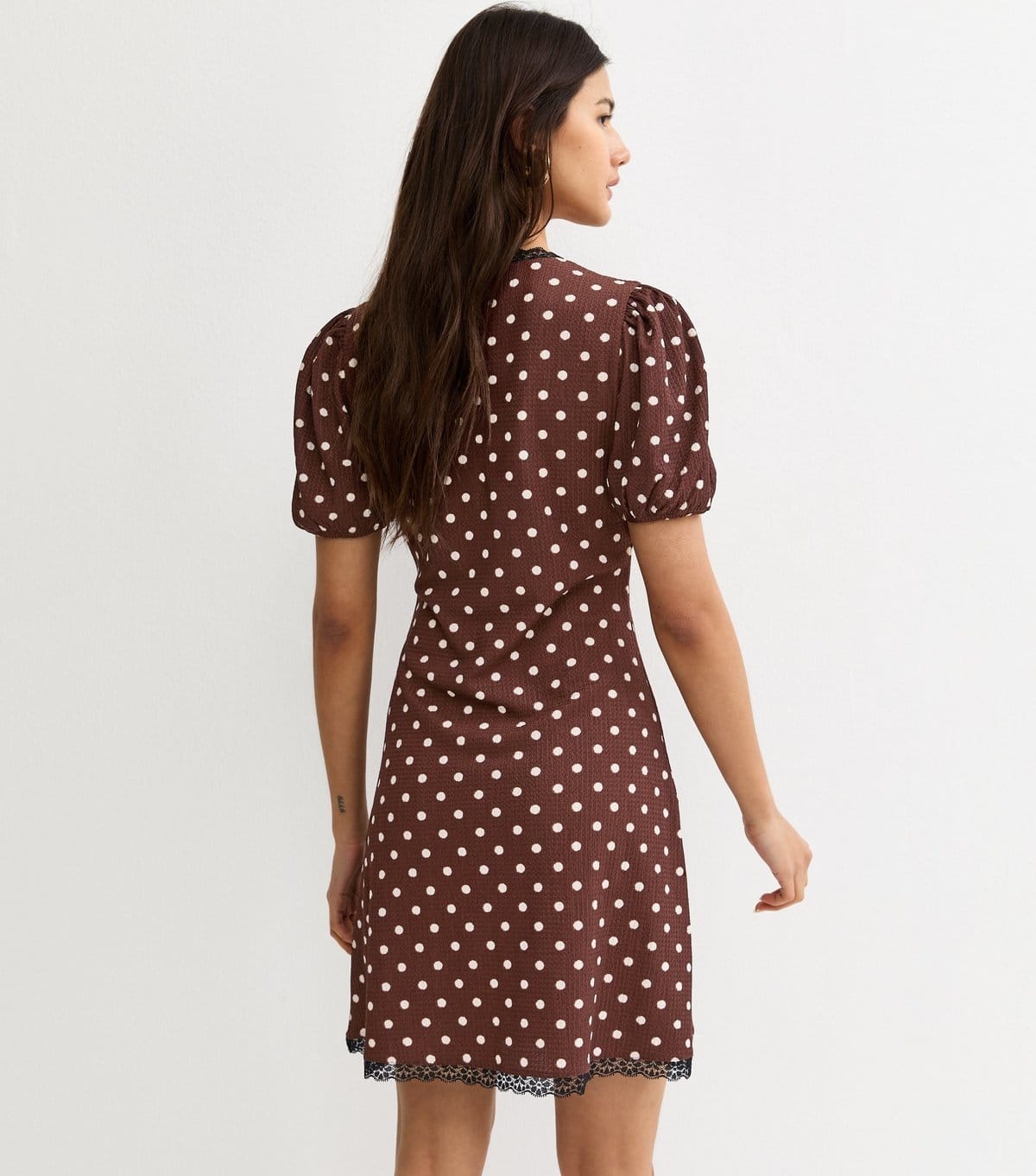 New Look Women's Brown Polka Dot Lace Trim Mini Dress New Look - 4