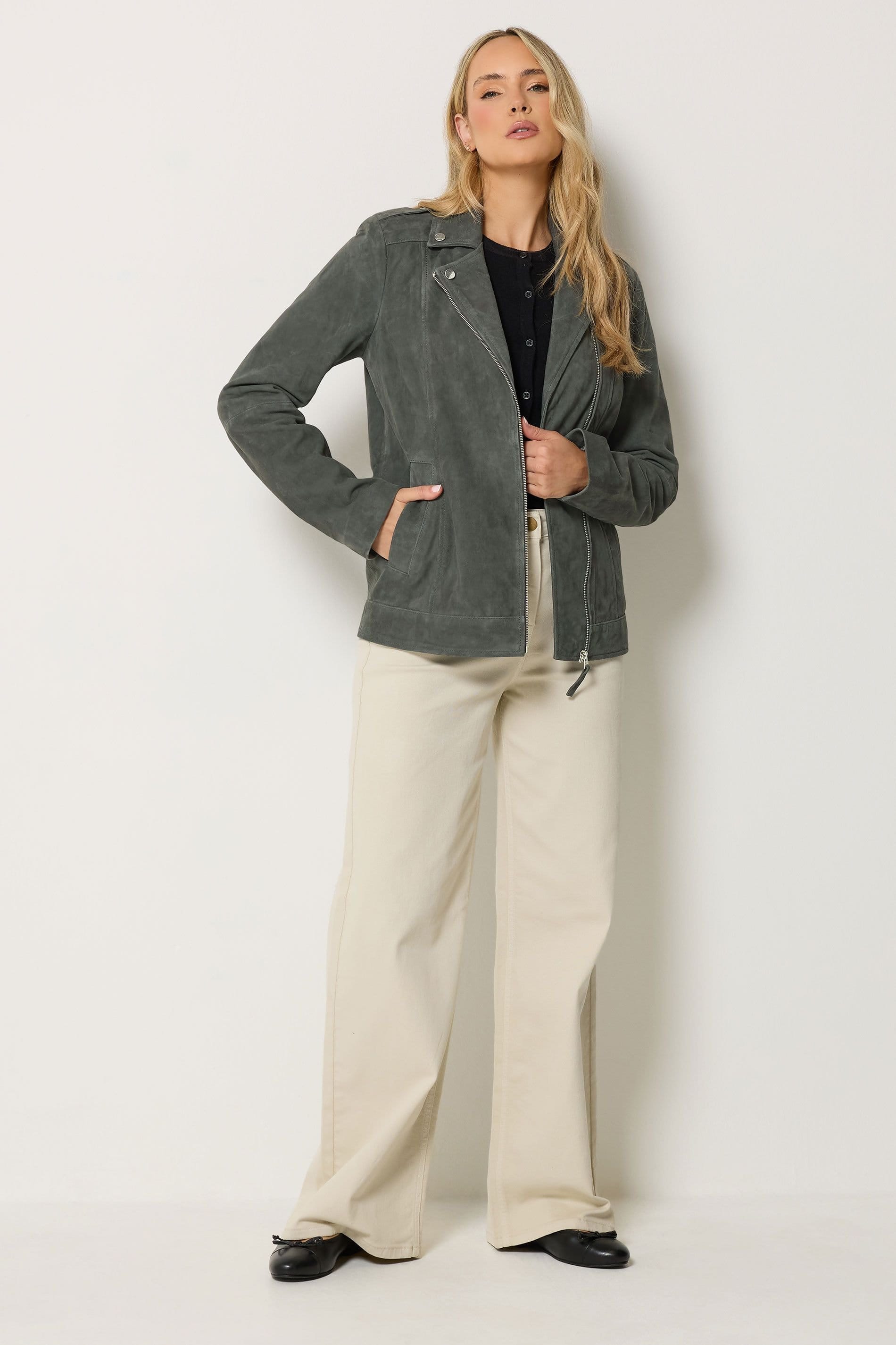 Long Tall Sally Long Tall Sally Women's Tall Suede Biker Jacket in Grey - 4