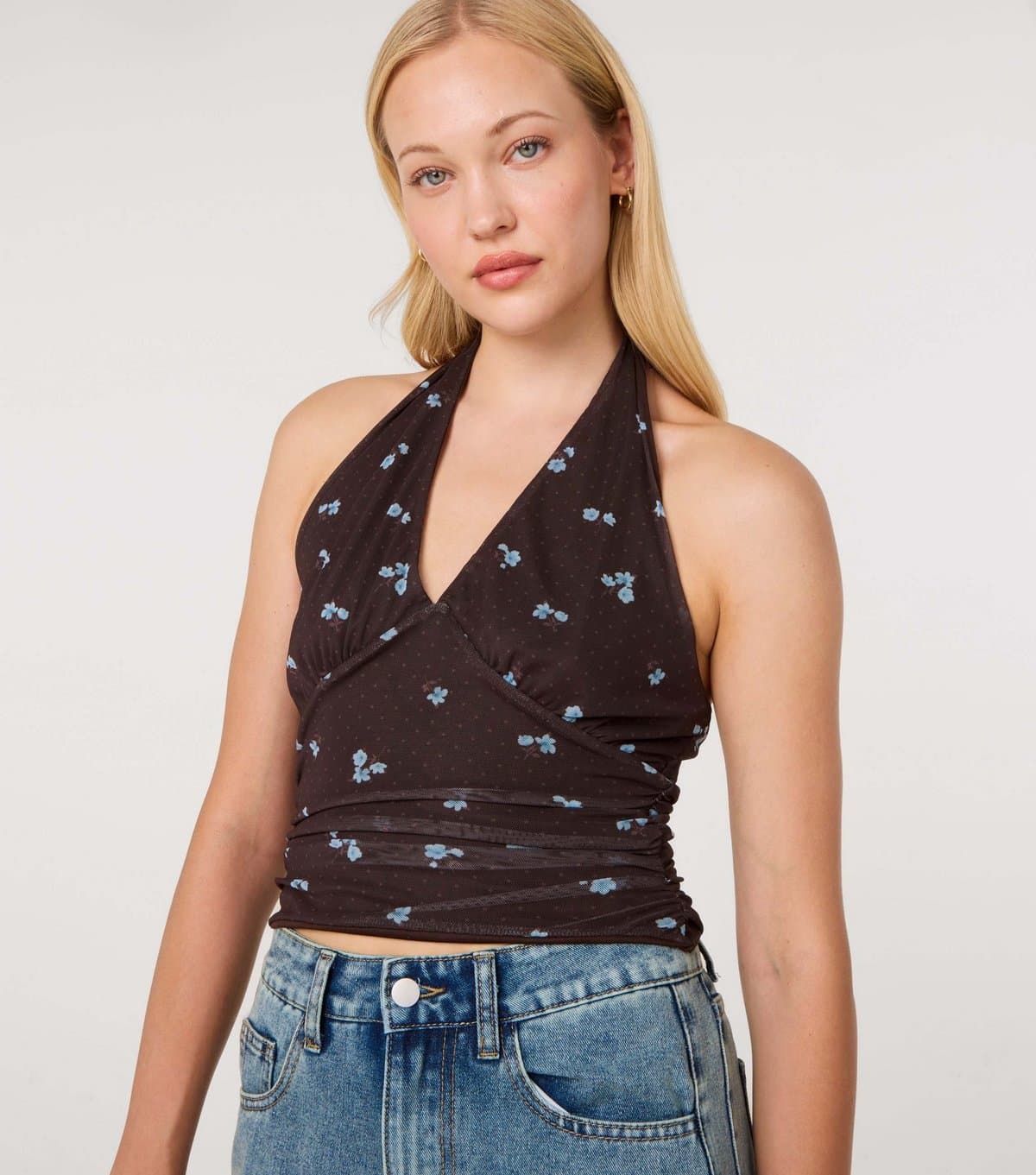 Pink Vanilla Women's Dark Brown Floral Dot Mesh Halter Neck Top Pink Vanilla New Look