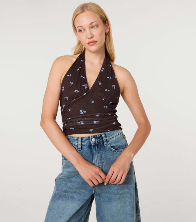 Pink Vanilla Women's Dark Brown Floral Dot Mesh Halter Neck Top Pink Vanilla New Look - 3