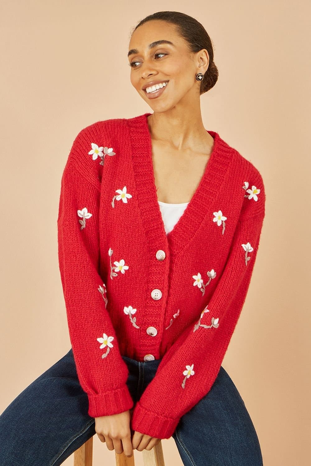 Yumi Yumi Women's Red Hand Embroidered Chunky Knitted Cardigan