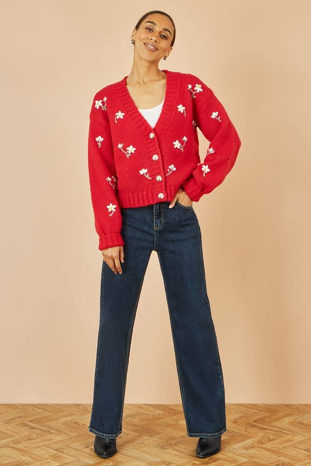 Yumi Yumi Women's Red Hand Embroidered Chunky Knitted Cardigan - 2