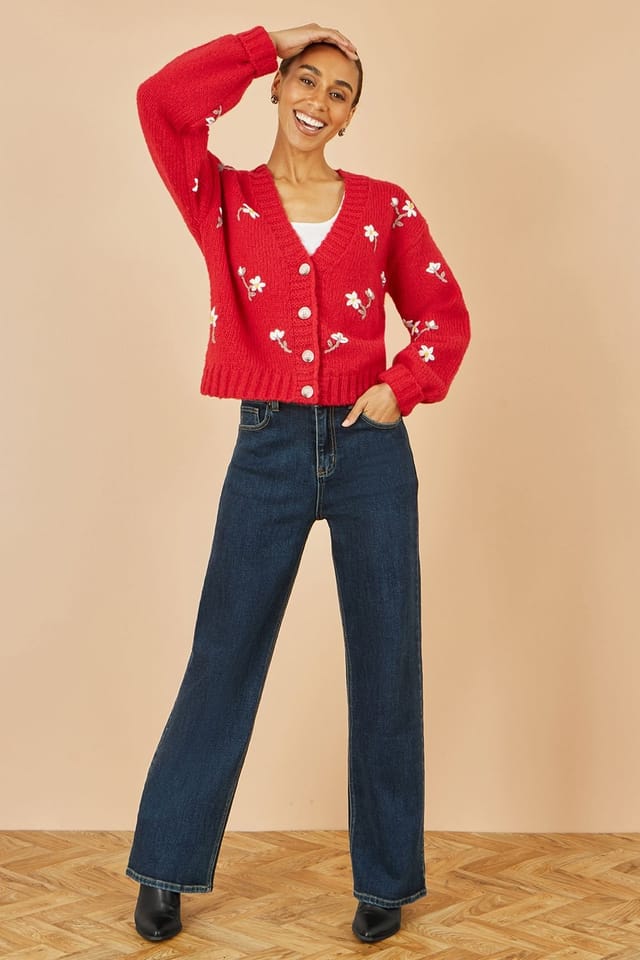 Yumi Yumi Women's Red Hand Embroidered Chunky Knitted Cardigan - 3