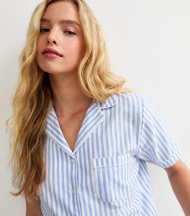 New Look Women's Blue Striped Cotton Poplin Shirt and Shorts Pyjama Set New Look - 2