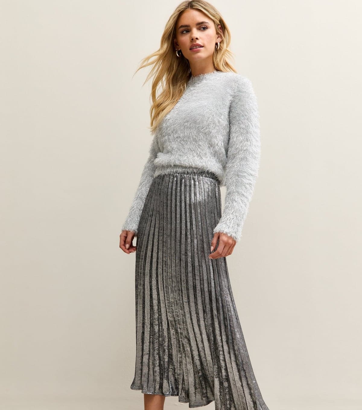 New Look New Look Silver Foil Pleated Midi Skirt