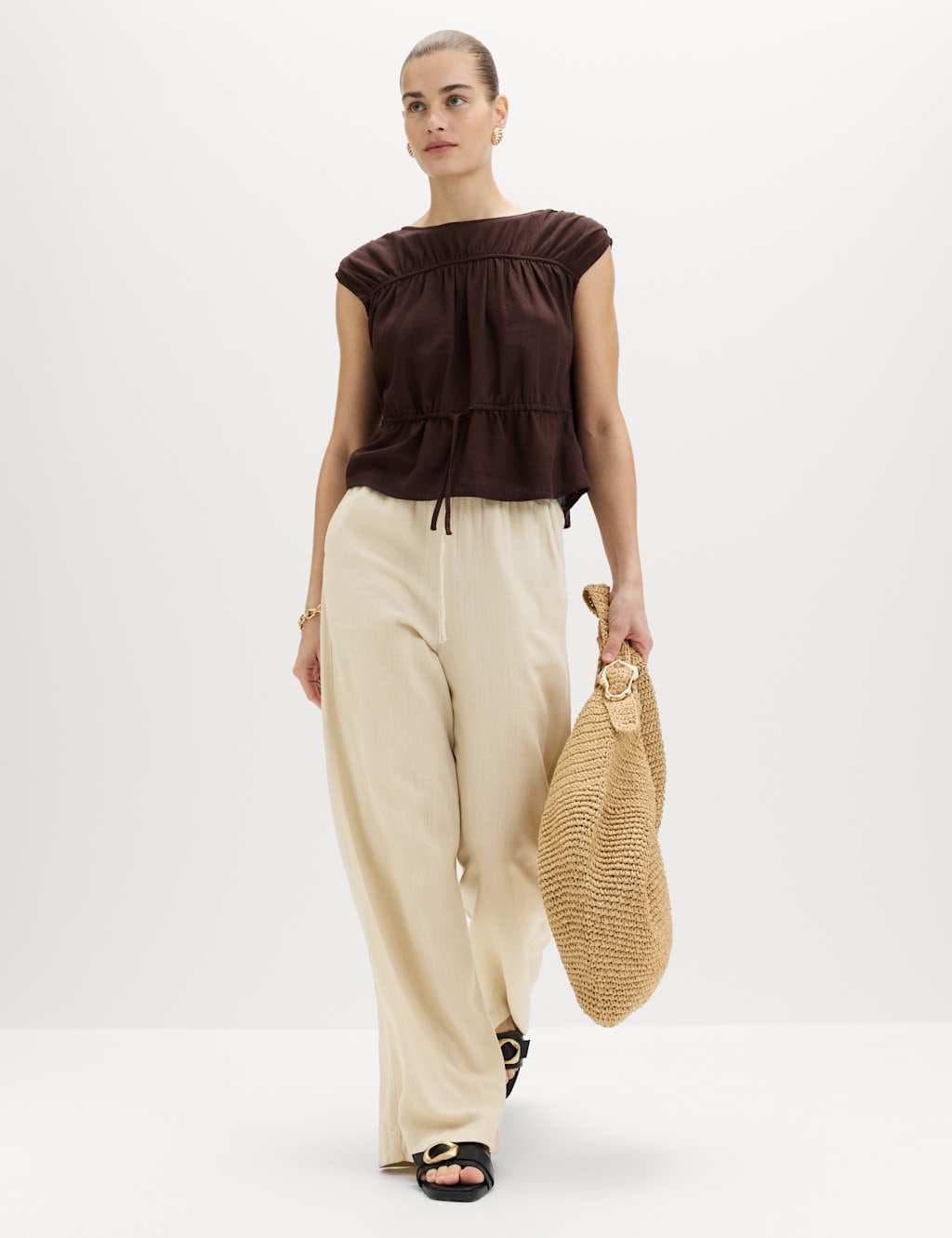 Marks & Spencer M&S Drawstring Wide Leg Trousers with Linen Beige
