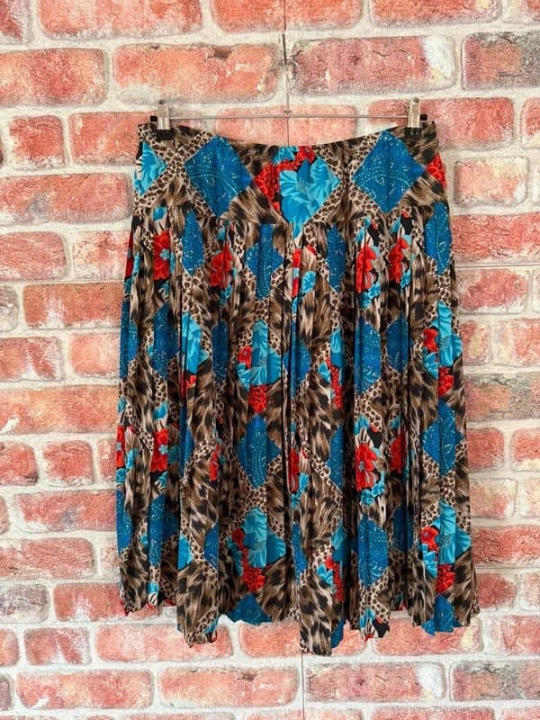 Vintage 80s Vintage Blue and Brown Animal and Floral Print Pleated Midi Skirt