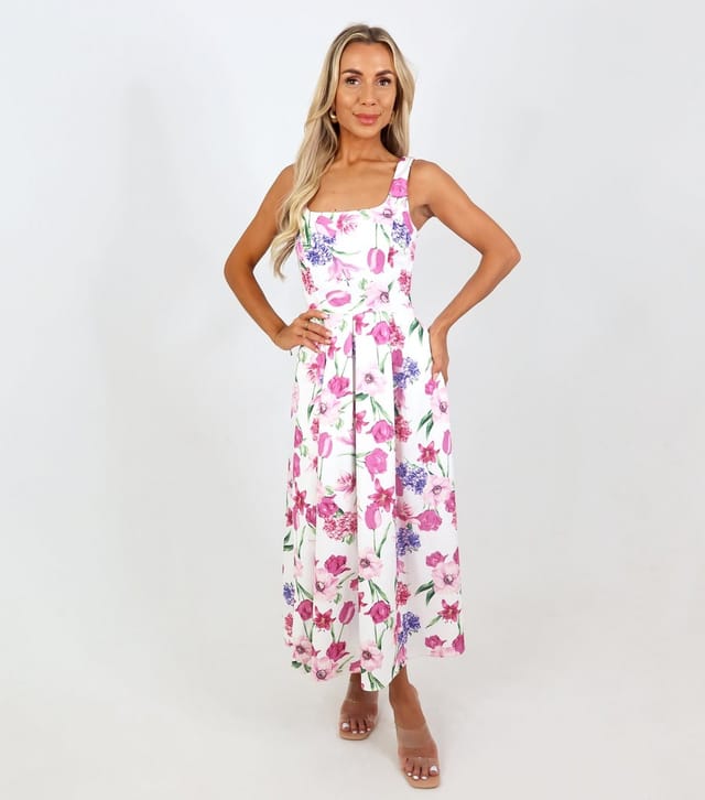 AX Paris Women's Pink Floral Print Square Neck Midi Dress AX Paris New Look - 2