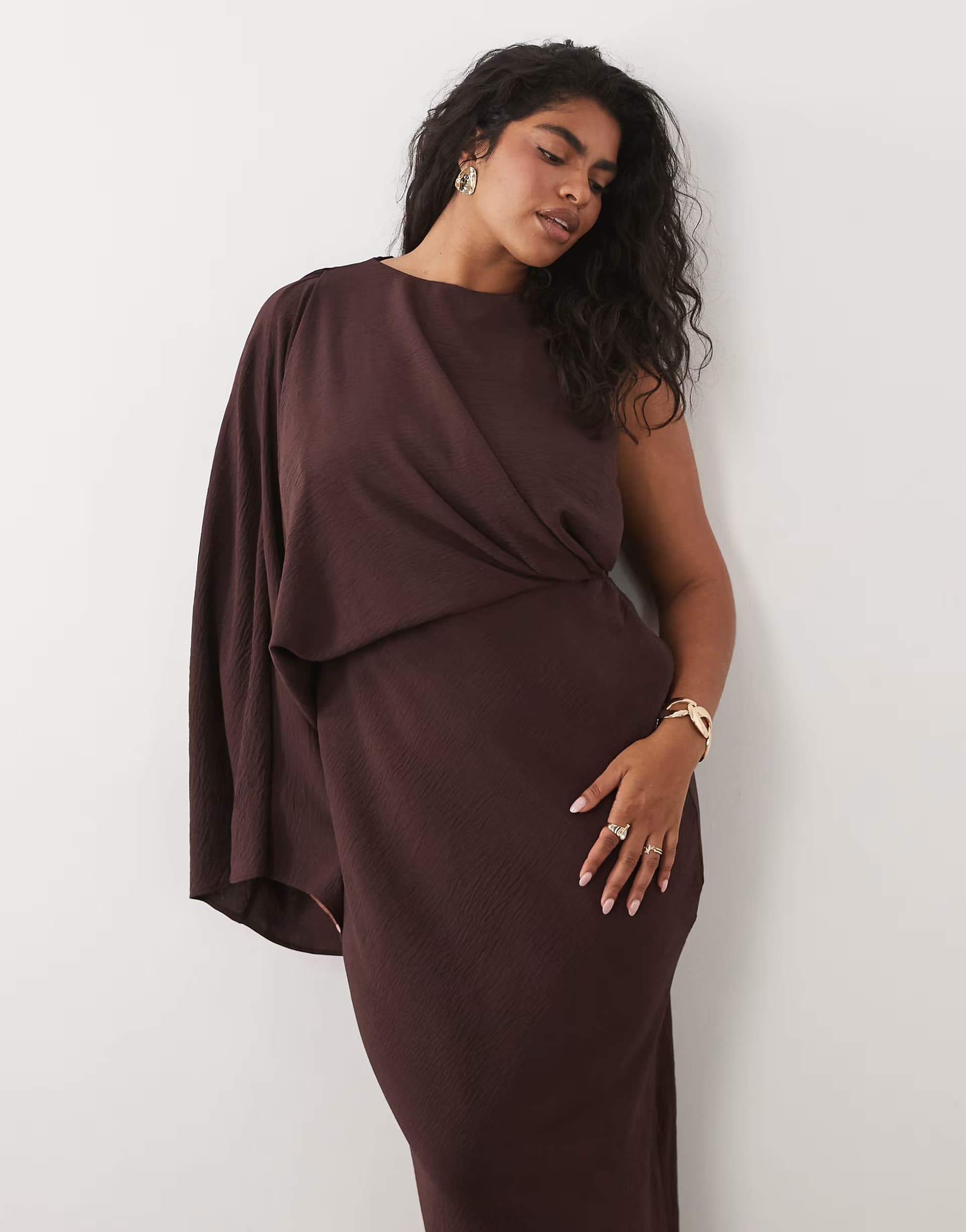 ASOS ASOS DESIGN Curve one shoulder drape back column maxi dress in fudge