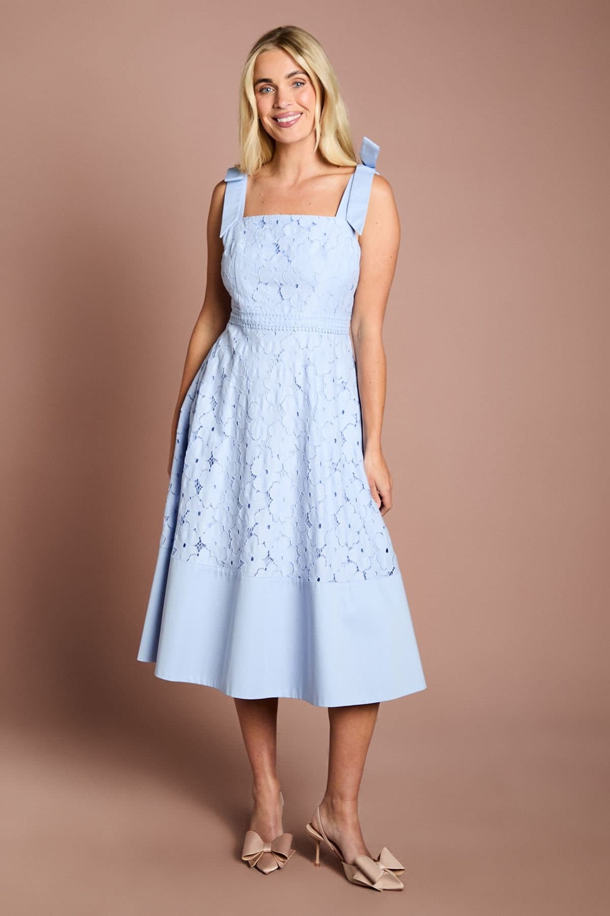 Coast Coast Women's Petite Bow Shoulder Floral Lace Midi Dress in Light Blue