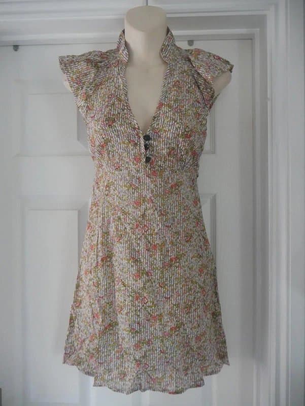 Carbon Carbon Dress Ladies Size 8 Brown Stripe Tiny Flowers Cotton Summer Holiday BNWT