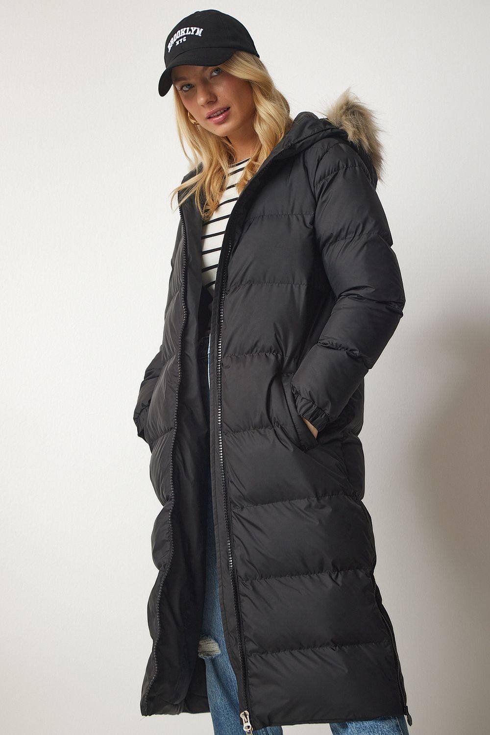 Happiness Istanbul Happiness Istanbul Women's Oversized Hooded Long Puffer Overcoat in Black - 2