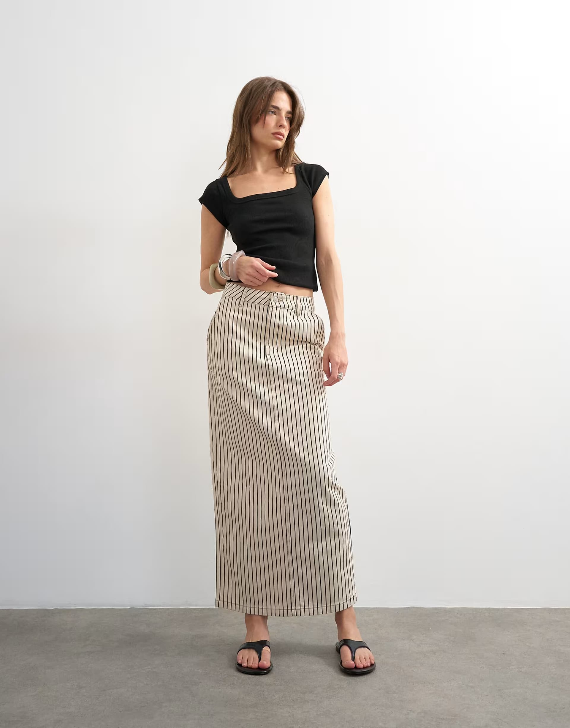 ASOS Topshop denim column maxi skirt in black and ecru stripe