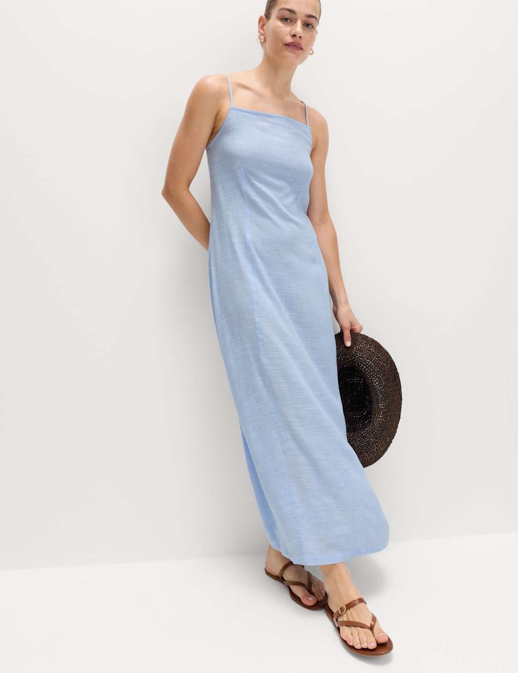Marks & Spencer M&S Square Neck Strappy Maxi Shift Dress with Linen Chambray - 2