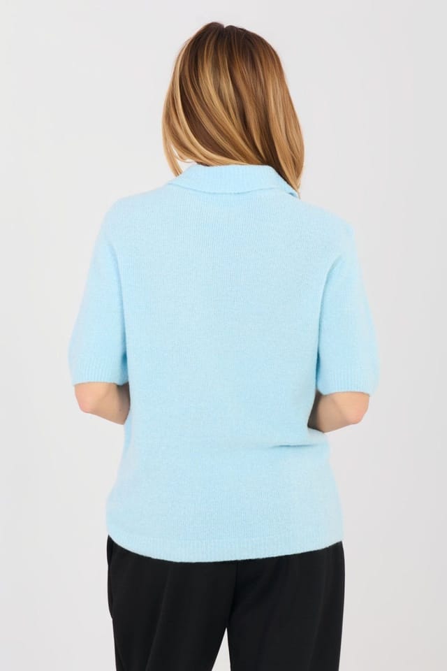Love Lace Love Lace Women's Short Sleeve Polo Sweater Smooth Alpaca Blend in Blue - 3